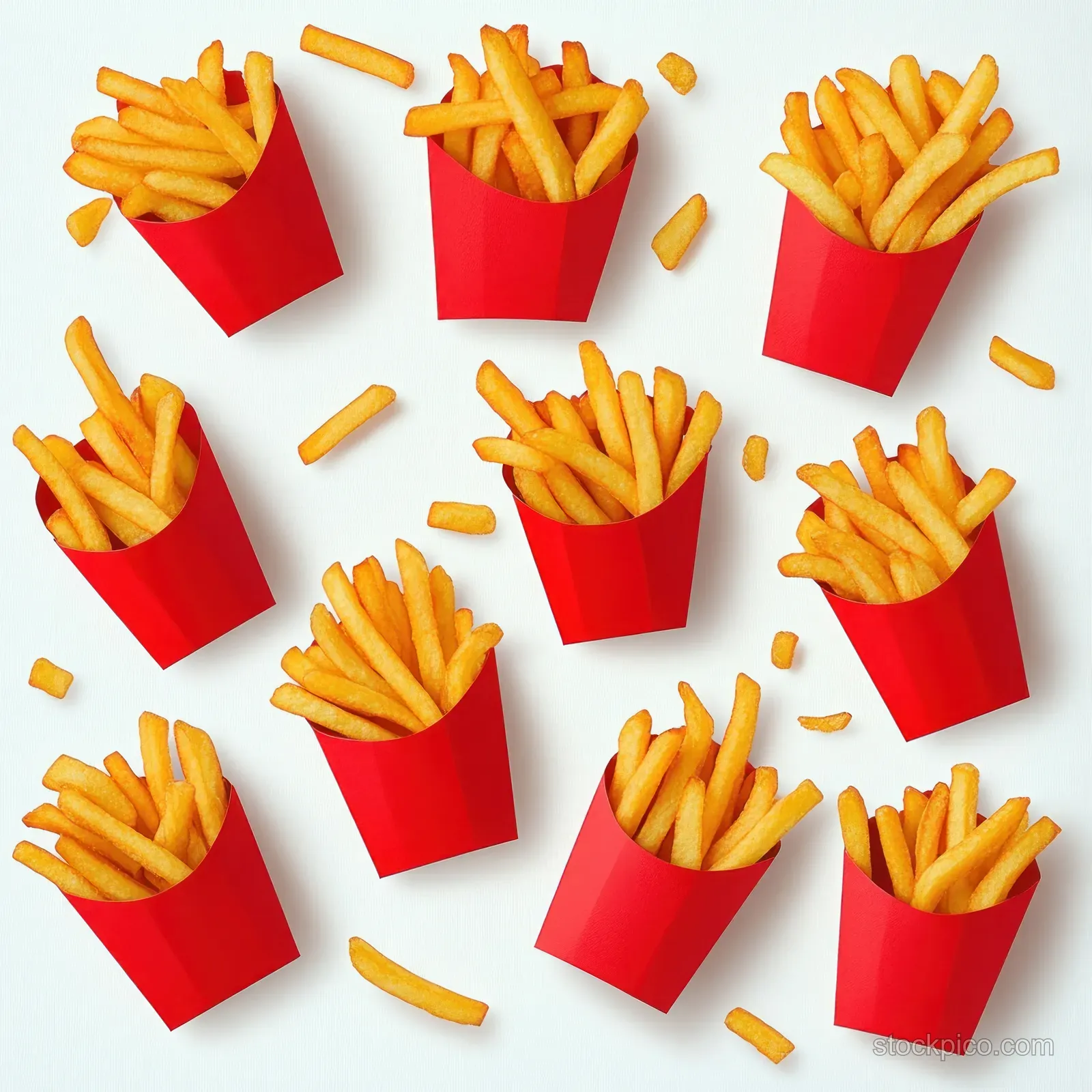 Red cups filled with golden crispy French fries scattered on a white surface.