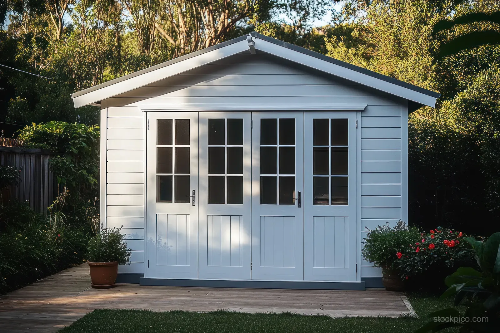 A small white wooden garden shed with glass double doors stands in a sunny backyard with potted plants and trees.