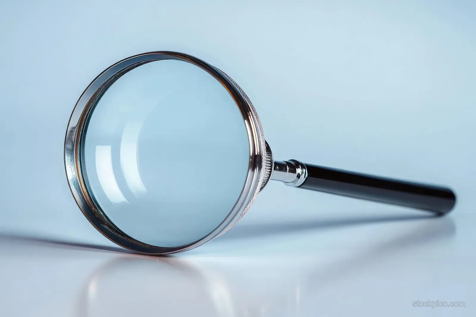 A magnifying glass with a black handle on a smooth light blue surface showing soft lens reflections.