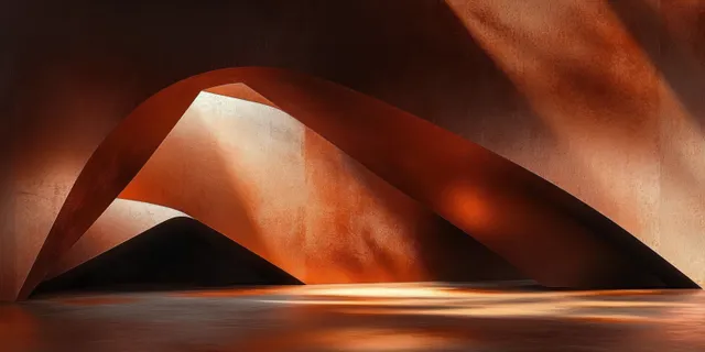 Rust-colored curved metal arches span an abstract interior as soft daylight casts long shadows on smooth floor.