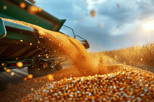 Corn harvester unloading grain into truck, closeup with golden sunlight and flying kernels