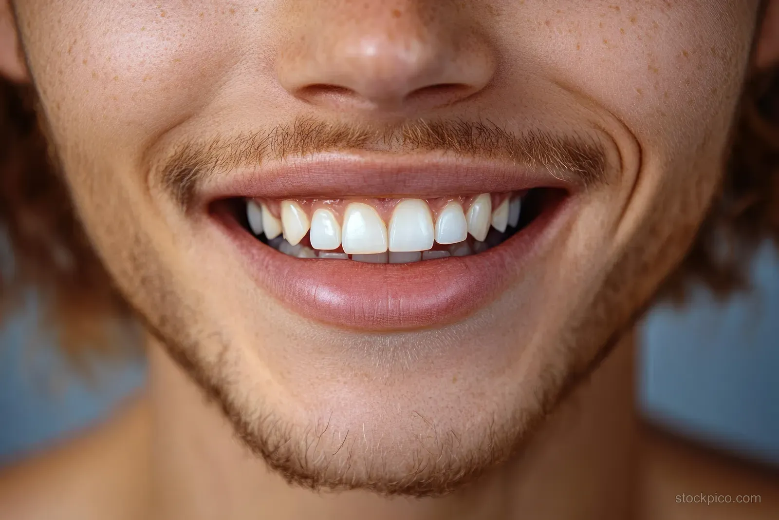 Smiling young man with missing front teeth in warm natural light.