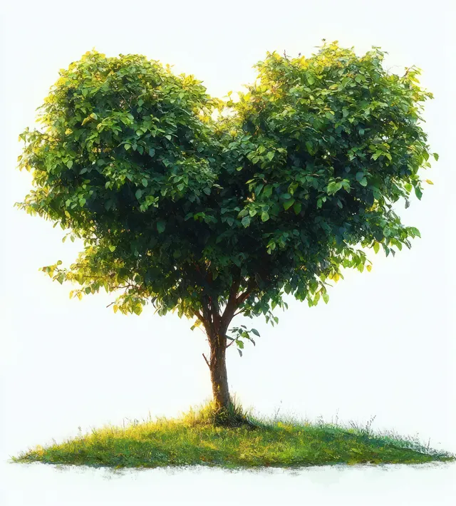 A heart-shaped green tree stands alone on a small grassy mound with bright sunlight on its leaves.
