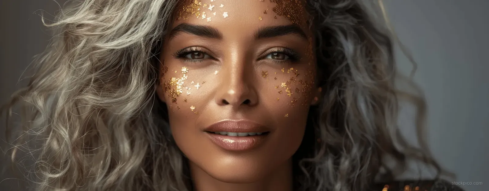 Smiling senior Black woman with long grey hair in a soft studio, with glittery skincare dots on her face.