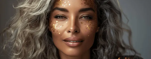 Smiling senior Black woman applying glittery skincare dots in soft studio light