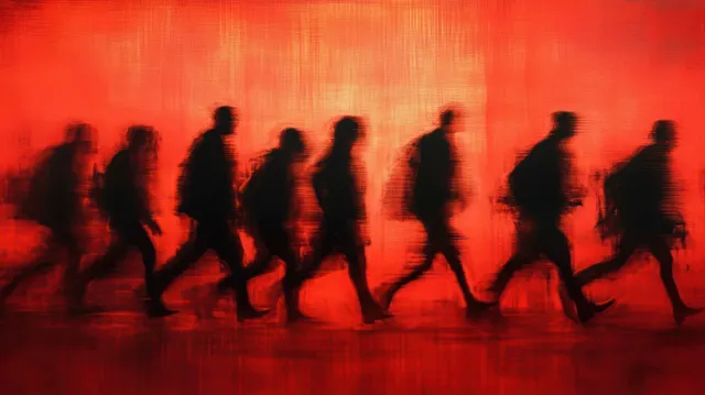 Silhouetted people walking in a line against a red motion-blur background