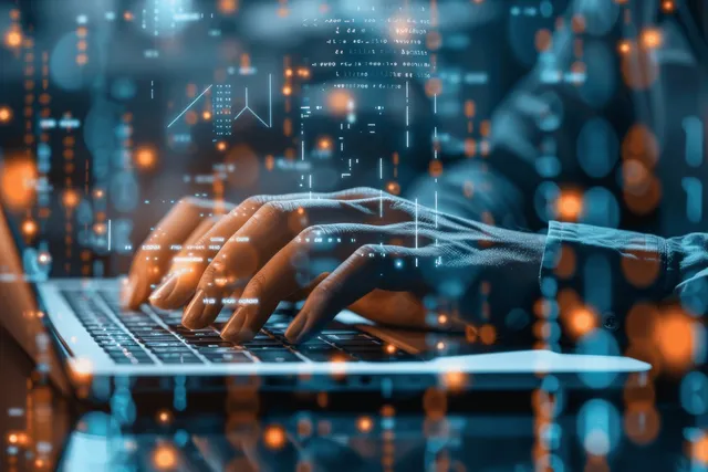 Programmer hands typing on a laptop with glowing security and network icons overlayed in a cyber-themed background.