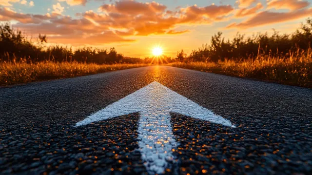 White road arrow pointing forward into a golden sunset, framed by grass and trees