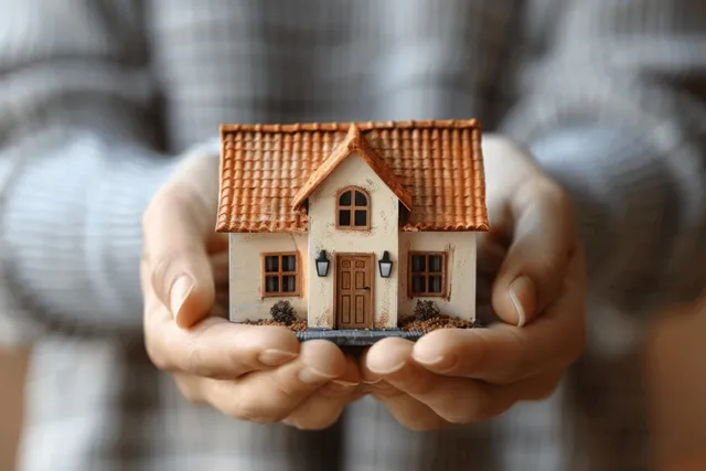 Hands hold a small detailed house model over a grey background with space for text.