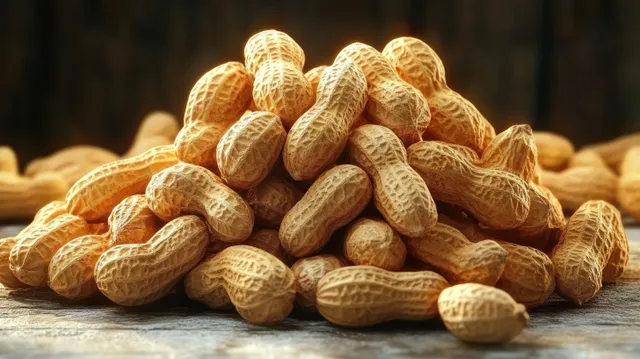 Unshelled peanuts piled on a wooden surface with textured shells and a dark blurred background.