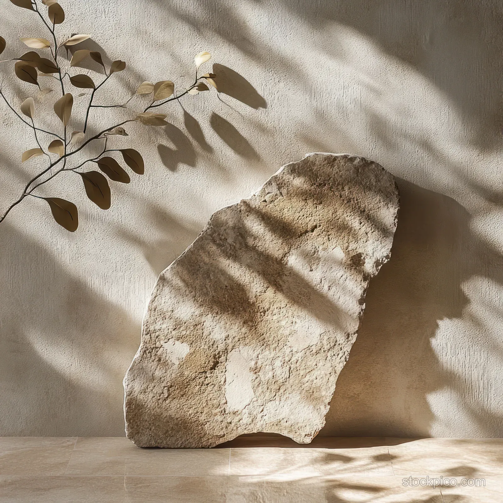 A textured stone rests on a beige floor with leaf shadows cast across the surface.