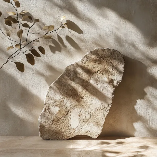 Weathered stone placed on beige floor under leaf-shadow light patterns