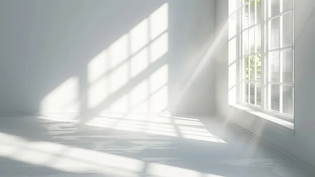 Sunlight through a window pane casts geometric shadows across a white interior wall.