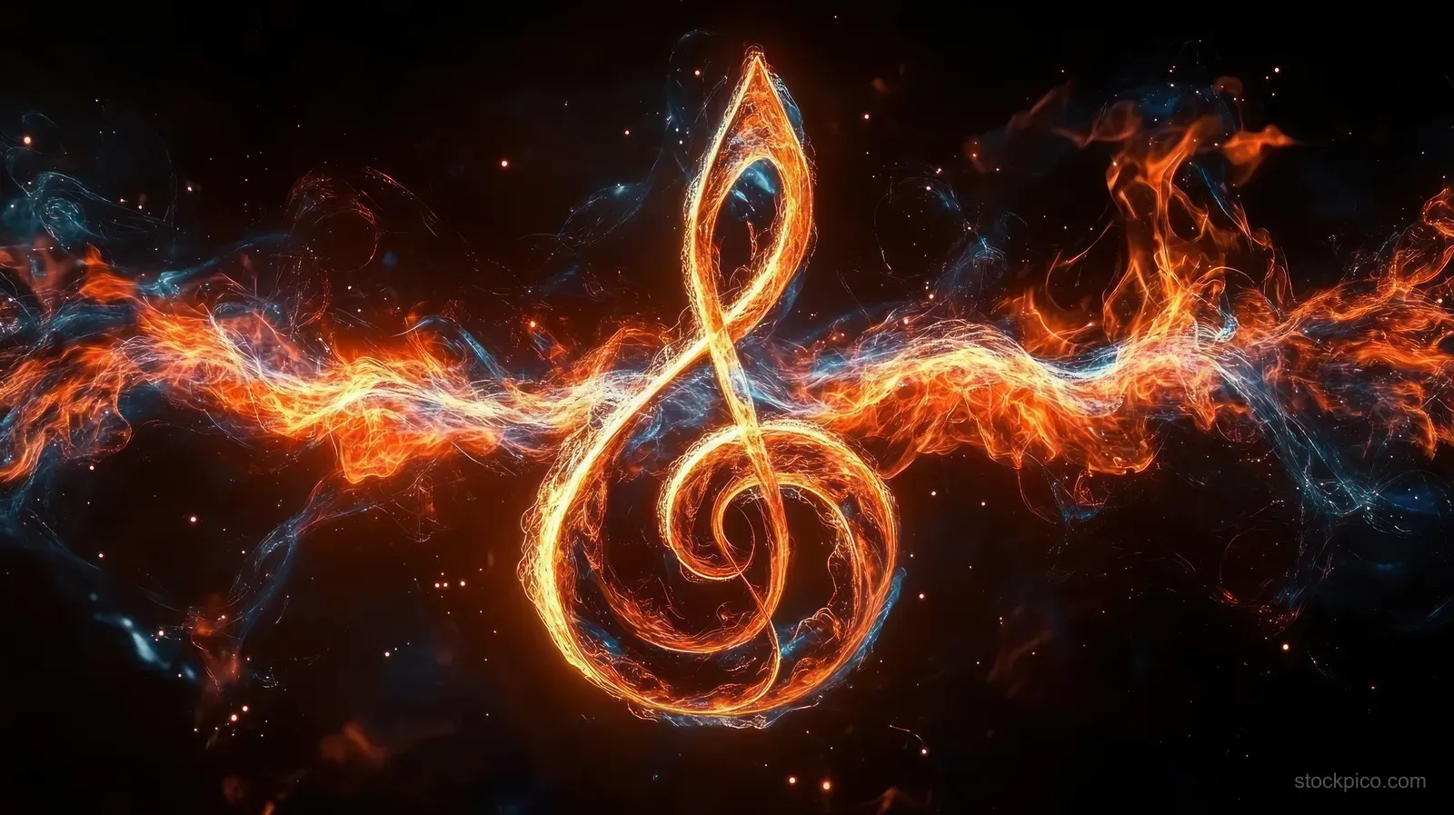 A glowing treble clef emits orange and blue flames across a dark background.