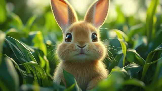 Curious rabbit peeks from between green plant leaves under soft sunlight, highlighting its big eyes and whiskers.
