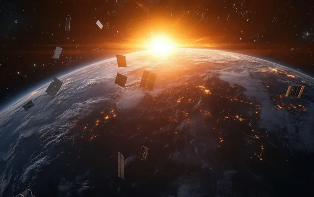 Earth is surrounded by glowing orbital debris and broken satellite fragments against a starry space backdrop.