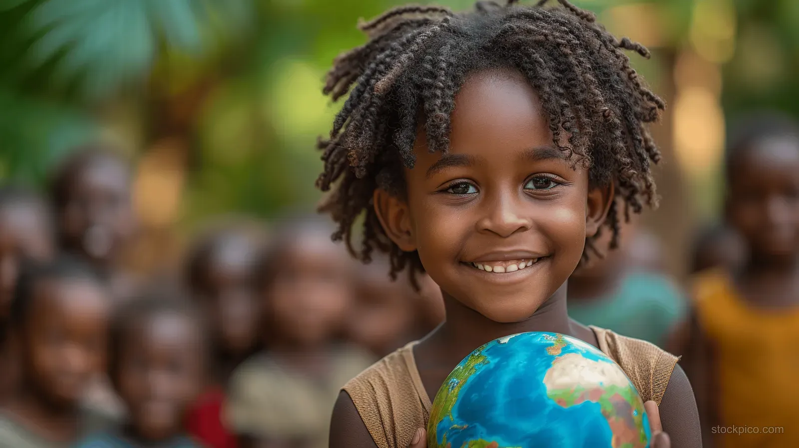 A smiling African child holds a blue Earth globe with a softly blurred community behind.