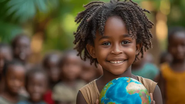 A smiling African child holds a blue Earth globe with a softly blurred community behind.