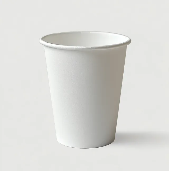 Unbranded white disposable paper cup standing upright on a light surface with a soft shadow.