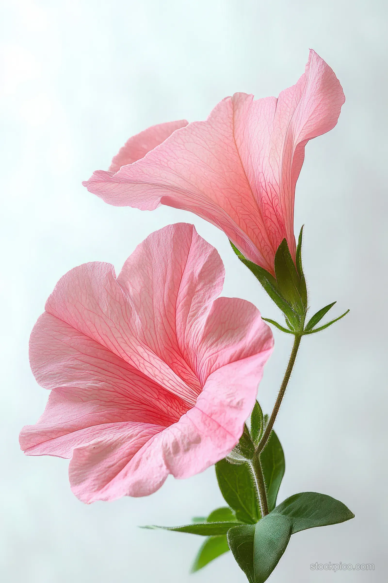 Two pink trumpet-shaped flowers with veined petals and green leaves on a white background.