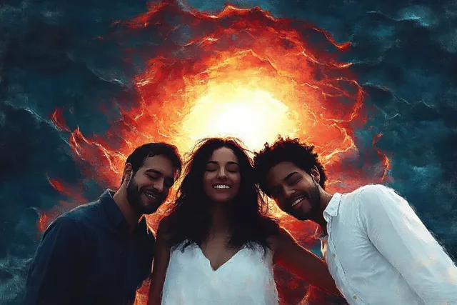 Three friends stand shoulder to shoulder with eyes closed, smiling under a fiery glowing sky with swirling clouds.