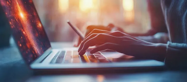 Hands tapping laptop keyboard in office light with warm bokeh