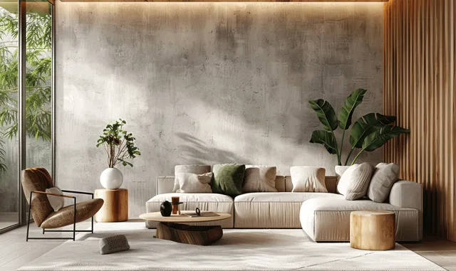 Sunlit modern living room with beige concrete wall, sofa, armchair, low coffee table, and green plants.