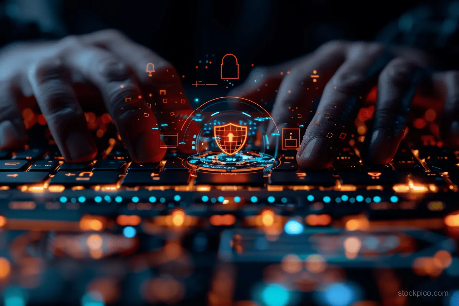 Hands on a laptop keyboard with a glowing lock and encrypted network overlay on the screen.
