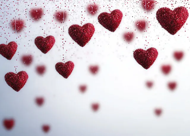 Red textured heart ornaments hang by strings across a soft blurred white background.
