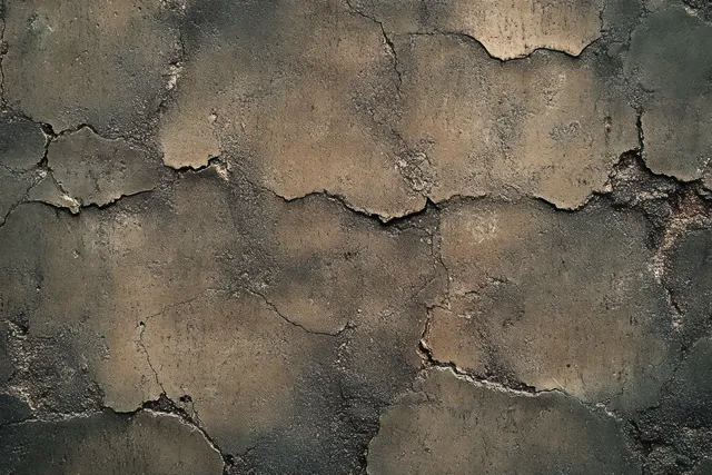 Cracked concrete wall surface with peeling paint and gritty earth-toned texture in close-up.