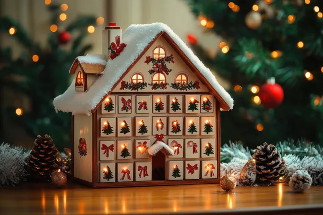 Handmade Wooden Advent Calendar House with Lit Windows and Snowy Roof