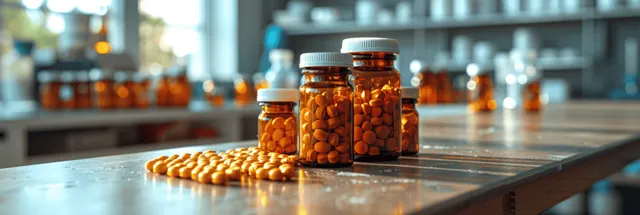 Medicine bottles and capsules on a lab table, blurred biochemistry equipment behind