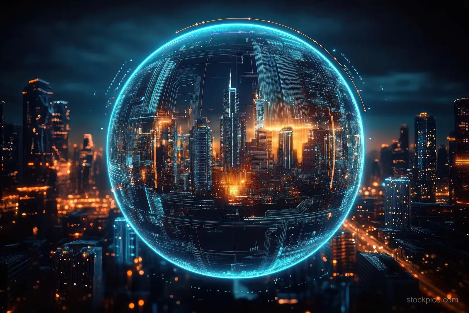 Futuristic night skyline wrapped in a transparent glowing digital sphere with orange and blue building lights.