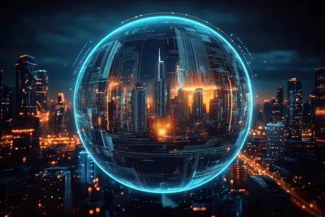 Linha do horizonte futurista noturna envolta por uma esfera digital transparente e brilhante com luzes laranja e azuis nos edifícios.