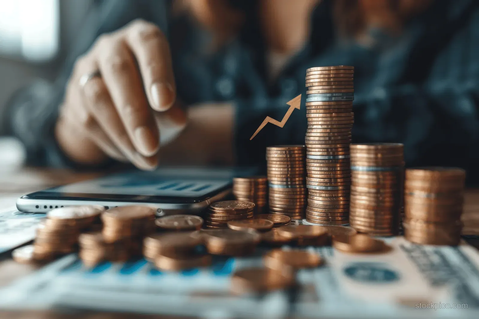 Businessman’s hand calculates ROI beside stacked coins with a rising arrow graphic on the desk.