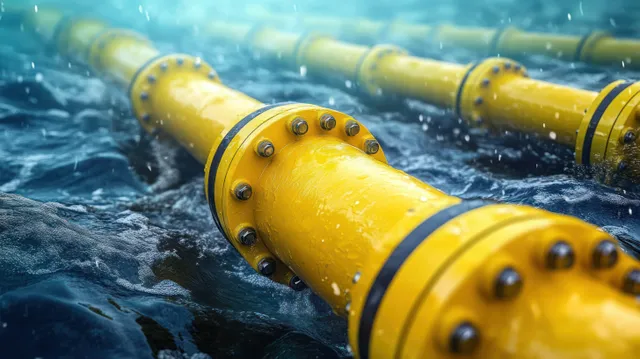 Yellow underwater gas pipeline sections with bolted joints run through blue-lit ocean water with bubbles around them.