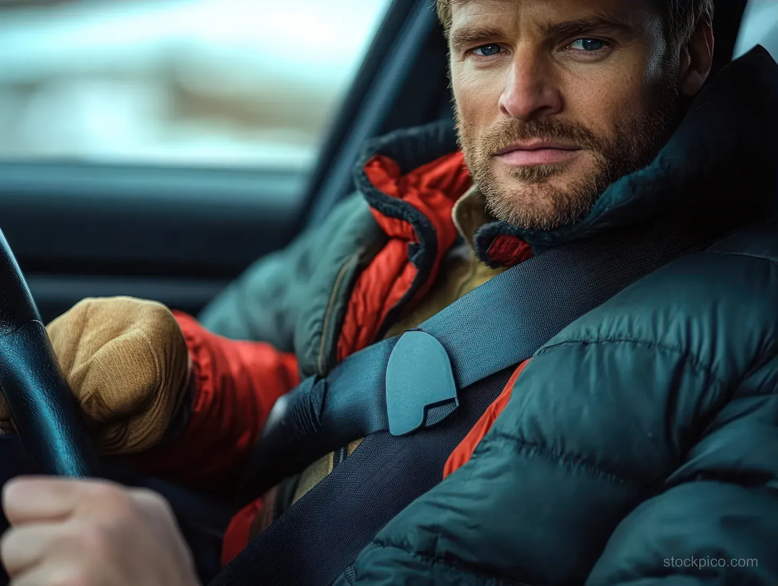 Serious winter-clad man sits in a car with a seatbelt fastened, hands in gloves visible.