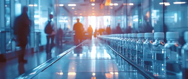 Blurred business colleagues walk through a glass-paneled futuristic office hallway with glowing bokeh lights.