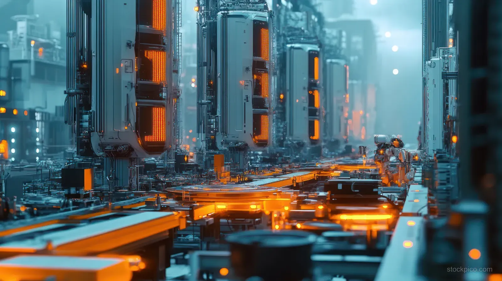Glowing orange assembly rails lead through blue futuristic factory machinery with control panels and cables.