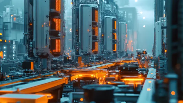 Glowing orange assembly rails lead through blue futuristic factory machinery with control panels and cables.