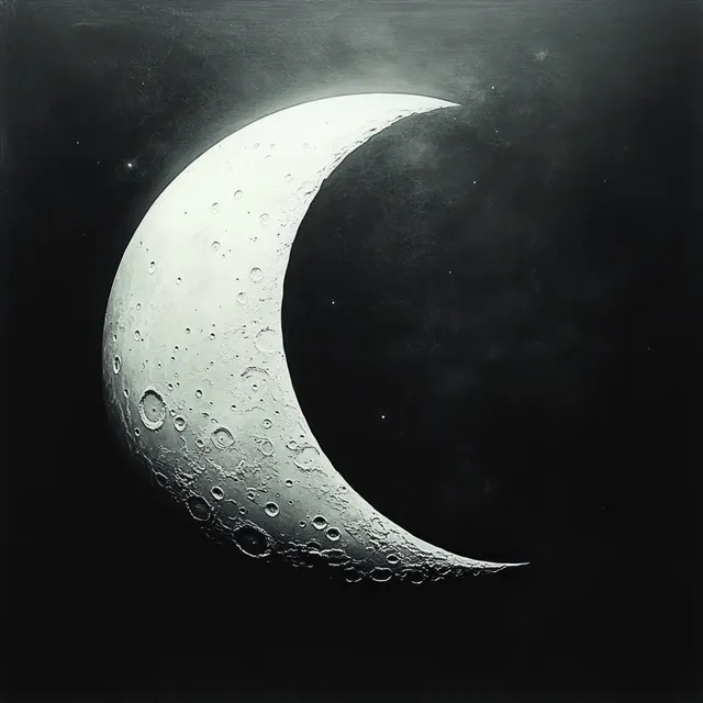 Crescent moon with crater details and textured surface glowing against a dark starry night sky.