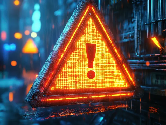Glowing orange digital warning triangle with an exclamation mark on a rainy futuristic street with wet reflections.