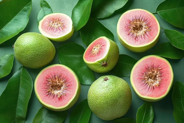 Green tropical fruits with pink flesh cut open and whole among glossy leaves