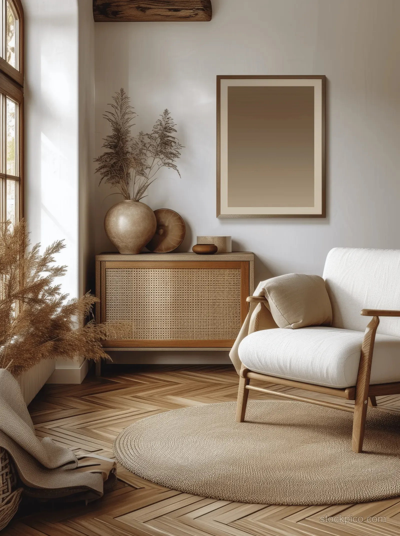 Scandinavian living room corner with a blank mock poster frame, wooden armchair, neutral rug, and warm parquet flooring.