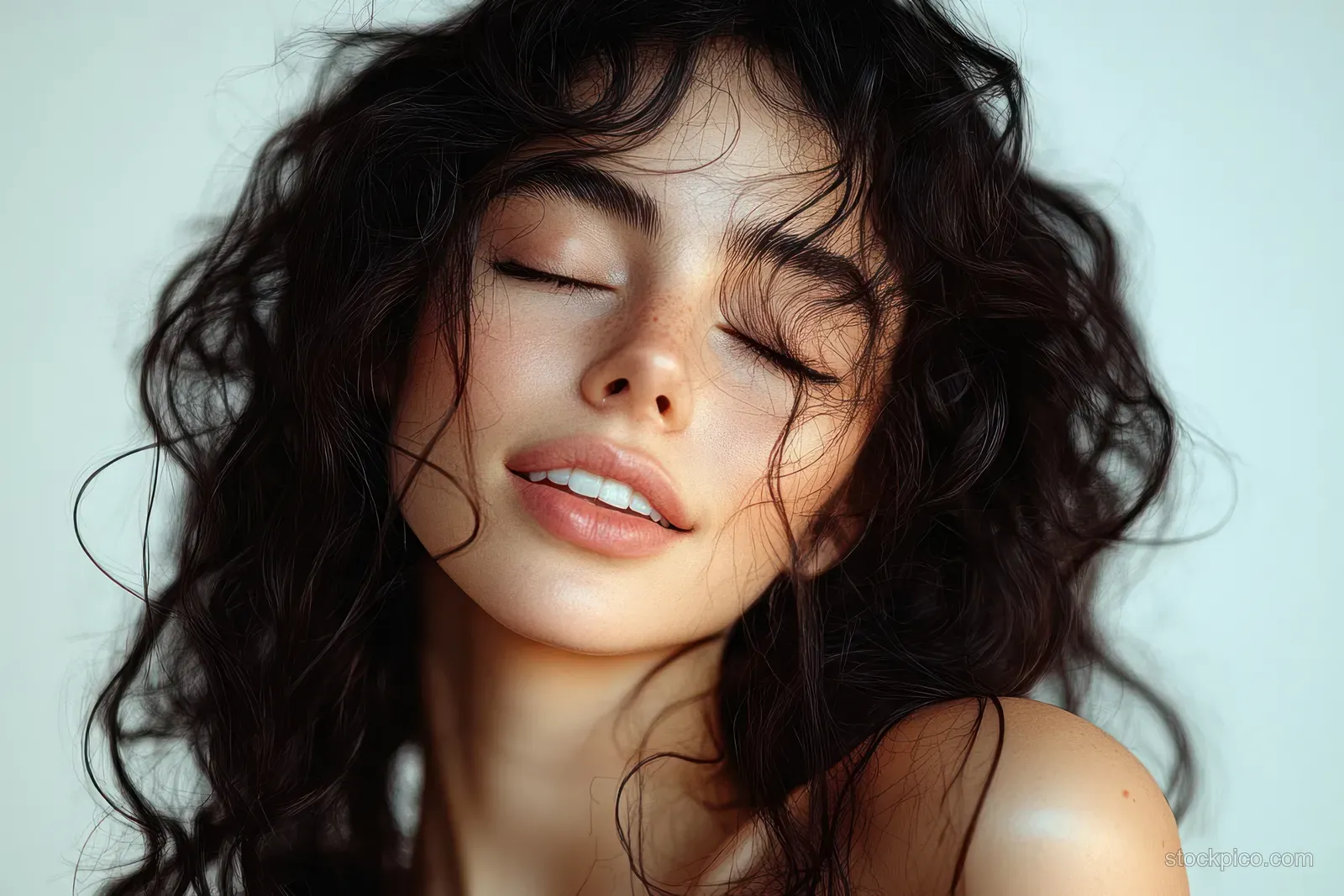 A young woman with curly dark hair and eyes closed is shown in a close-up with soft light.