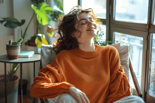 Smiling woman in orange sweater practicing seated yoga on a chair by window light