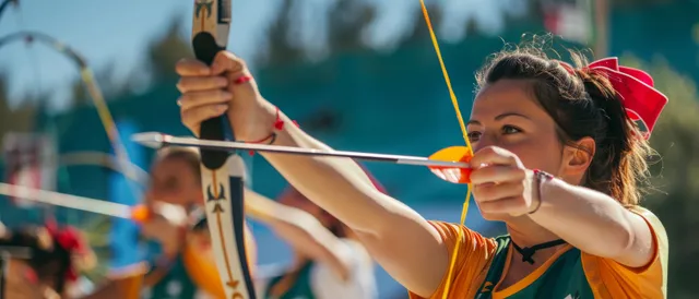A woman draws her archery bow on an outdoor range while teammates aim in the background.