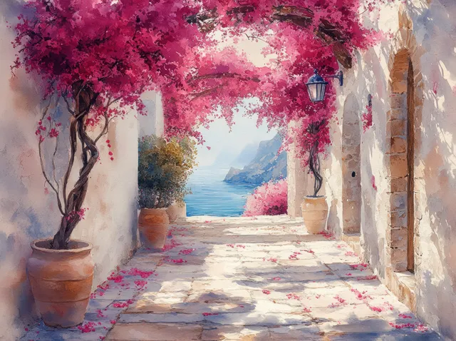 Watercolor alley with white walls, potted plants, and blooming bougainvillea arching over a sunlit stone path.