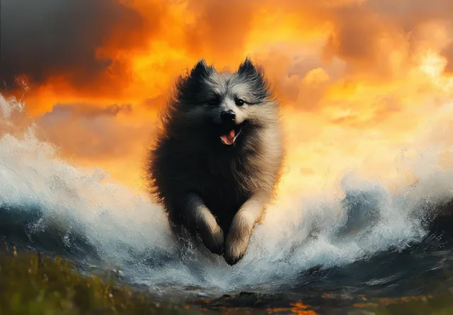 Fluffy dog running through splashing water at sunset with orange clouds filling the sky behind it.