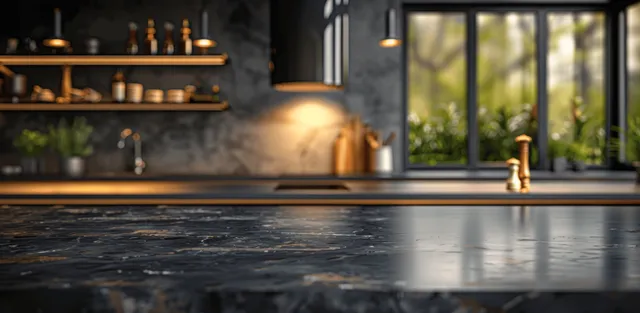 Dark marble kitchen island countertop in the foreground with warm window light and blurred shelves behind.